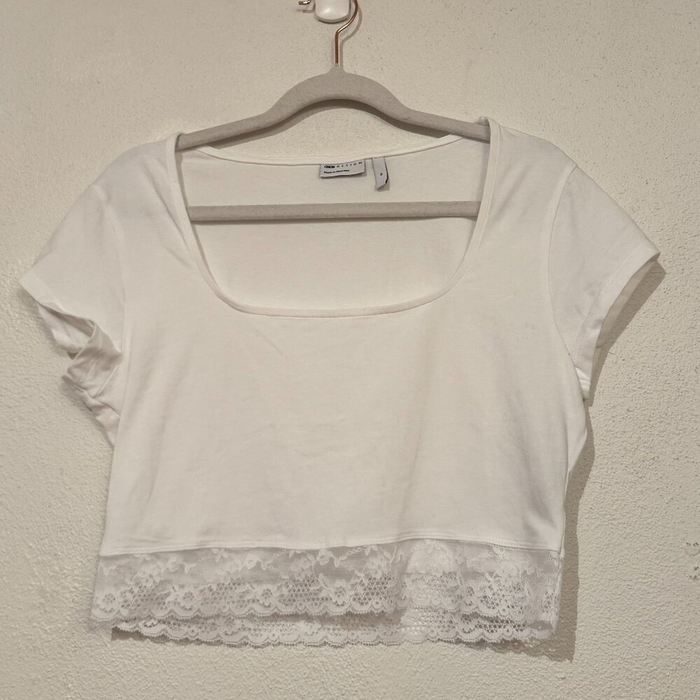 ASOS White Cap Sleeve Cropped Lace Top – Size M